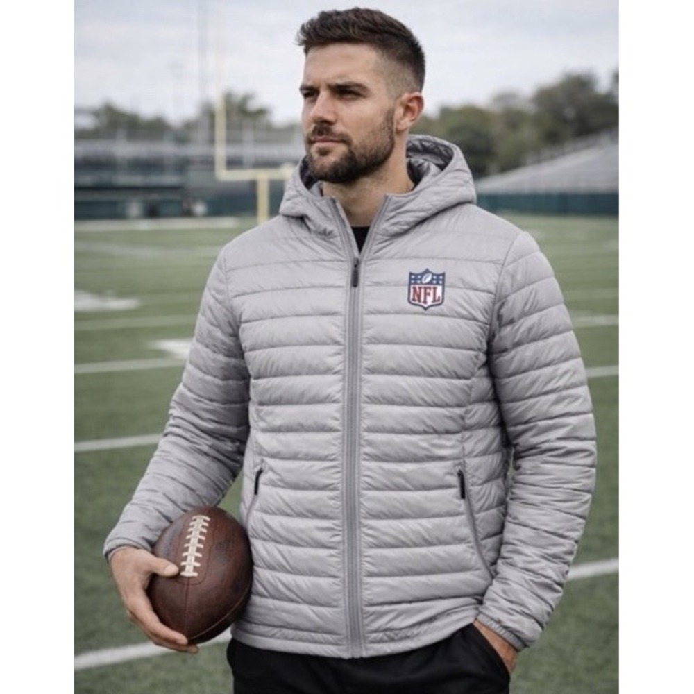 New Men's NFL Football Official Gray Puffer Jacket L Full-Zip Hooded Logo Silver
